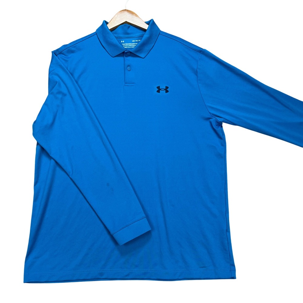 Under Armour Polo Shirt Mens Large Blue Long Sleeve Loose Stretch Performance
